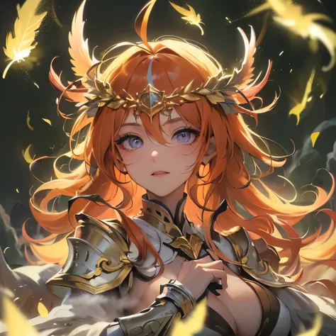 (masterpiece), 8k cg, stunningly beautiful girl, intricate details, chromatic aberration, ((bust shot)), ((looking at viewer)), 1girl, Kiara Takanashi, (wavy hair, (orange hair), streaked hair, hair feather,golden armor, elden ring armor,fire wings, phoeni...