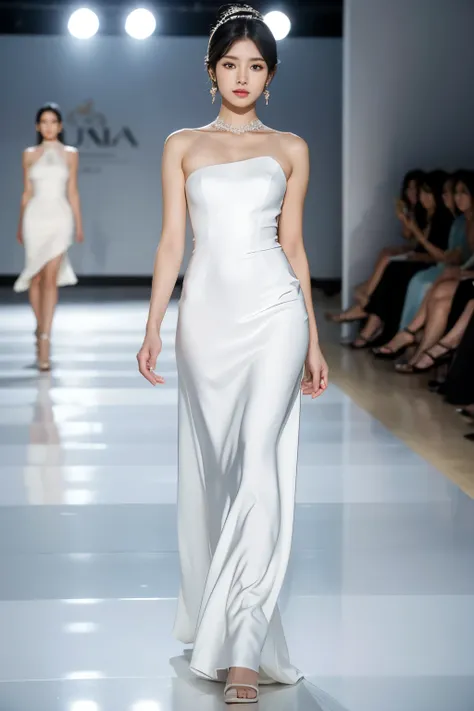 mulher coreana muito linda, rosto perfeito, cabelo bem curto cacheado loira, she is walking on a fashion catwalk in an elegant all white luxurious silk designer dress, usa brincos, she is being photographed