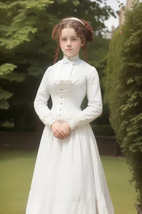 London, 1895. A ((((15-year-old)) Gemma Doyle)), in the gardens of a boarding school for ladies. ((((white from the 19th century)))), ((wild curly red hairstyle from the 1890s))