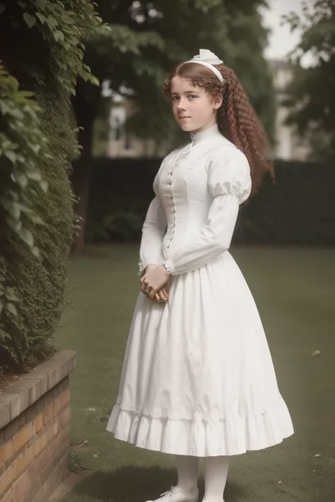 London, 1895. A ((((15-year-old)) Gemma Doyle)), in the gardens of a boarding school for ladies. ((((white from the 19th century)))), ((wild curly red hairstyle from the 1890s))