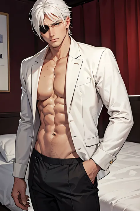 1 man, mature, white hair, serious expression, eyepatch on left eye, wearing underpants, on the bed
