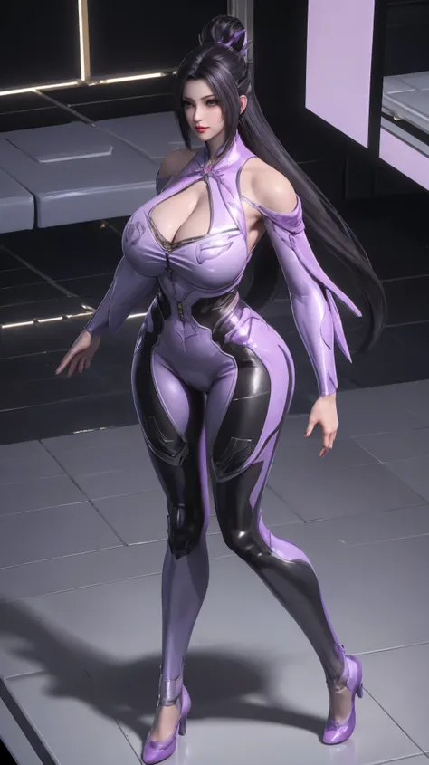 1GIRL,SOLO,UPPER BODY, ((BEAUTY BLACK HAIR)), (GIGANTIC FAKE BREAST:1.5), ((CLEAVAGE:1.5)), (MUSCLE ABS:1.3), (LED PURPLE WHITE SHINY FUTURISTIC MECHA CYBER CROP TOP, BLACK MECHA SKINTIGHT LEGGINGS:1.5), (BUSTY PERFECT BODY MATURE WOMAN, SWEATY BUSTY BODY:...