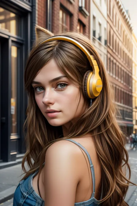 (realistic style, high definition, best quality, ultra-detailed), a brown-haired girl with cat ear headphones, situated in the bustling background of Soho, New York City. The intricate details of her expressive face are accentuated by the natural texture o...