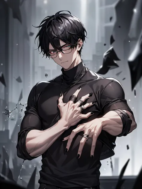 1 guy, black jeans, black sweater, rings on fingers, black nails, Glasses, black hair, a little sporty, hand to chest, Glass eyes, Malice, anger, portrait, cinematic lighting, Blur background, Best quality, night city, rain, Dark tones,