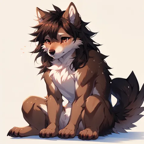  by fumiko, by hyattlen, by hioshiru, maiden, brown wolf, feral:1.3, wolf ears, brown eyes, cute snout, black nose, pudgy, cute, sitting, no background, white background, crying profusely, sad expression