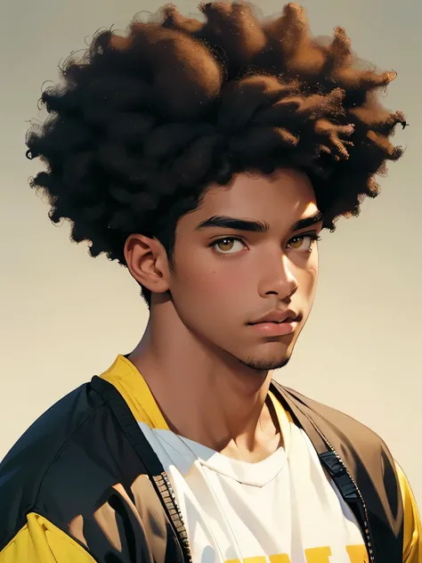 Afro-latino man,  cute nose, full lips, yellow eyes, huge brown afro hair, jock outfit, cool undertone, young hot handsome face, pastel art 