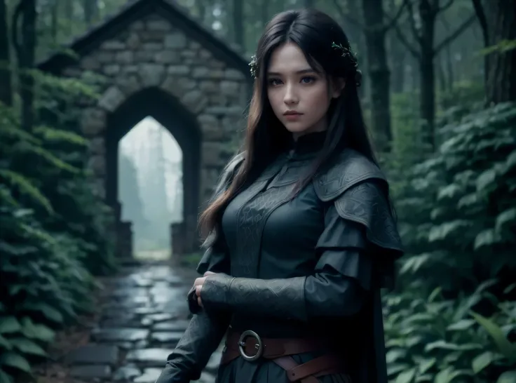 ((Best Quality)), ((Masterpiece)), (detailed:1.4), Middle Ages, forest and mountains, in the distance on gloomy winter oak forest a house made of dark stone, rainy weather, young woman wearing tribal celtic clothes, she is holding a sword in her hands. Ang...