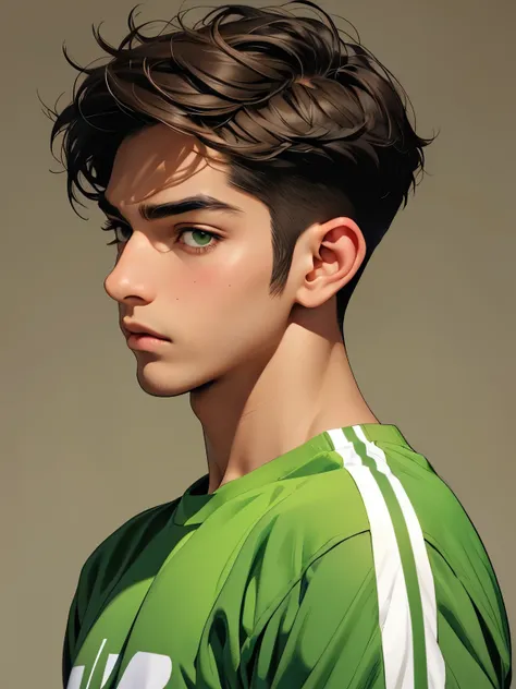 Persian man,  cute nose, thin lips, green eyes, short brown  hair, jock outfit, tan undertone, young hot handsome face, pastel art 