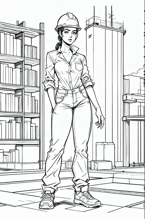 sketch of a woman dressed as a construction engineer , camisa , pants, colete de obra  , imagem fundo branco, lineart digital