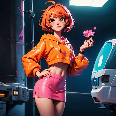 gorgeous hip-hop girl, orange neon hoodie, short pixie hair, micro skirt, graffiti, emissive, bloom