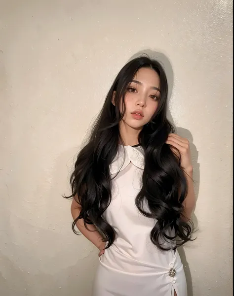 Mujer araffe con cabello largo y negro y un vestido blanco lanzando un beso., con cabello largo, con pelo largo y rizado, asian girl con cabello largo, pelo largo y negro ondulado, cabello ondulado extendido, Cabello ondulado largo, pelo largo y negro ondu...