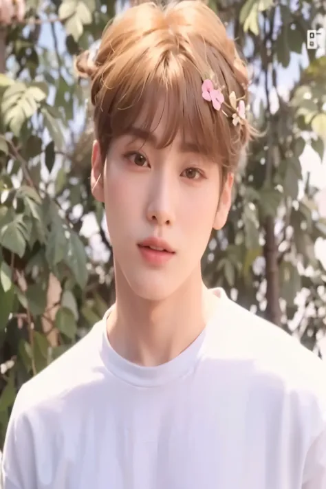 a close up of a person with a flower in their hair, cai xukun, jungkook, inspired by Bian Shoumin, wan adorable korean face, young wan angel, jinyoung shin, yanjun chengt, wry smirk, jung jaehyun, 1 7 - year - old boy thin face, inspired by Kun Can, hyung ...