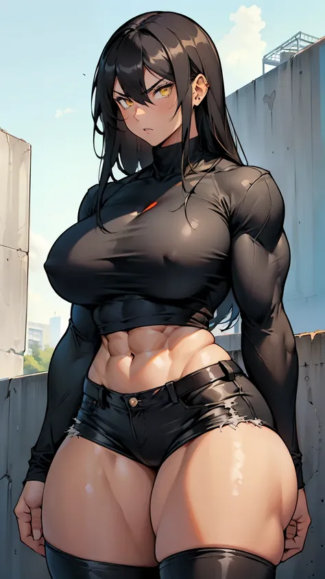 ((((((1 girl)))))), solo, black, hair, extremely long hair, yellow eyes, angry, ((((large breasts)))), ((((thick thighs)))), (curvy), (wide hips), (((((muscular))))), toned body, (tight shirt), (tight pants), navel, abs, (concrete)