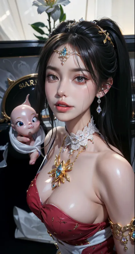 Royal sister，exquisite eyes，Detailed text，tall figure，Leg length，4K，HD，，White translucent lace，Fair and plump figure，pretty face，Little cherry mouth，beautiful and delicious（3D royal sister)，Gorgeous dress encrusted with gemstones crystal gold diamonds，Wear...