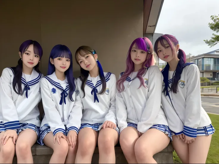 Five wearing JK sailor suits，A girl with a hot body，they sit together，Everyone has different colored hair，ultra high resolution