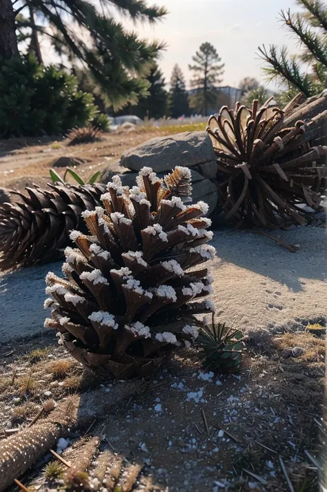 realism. frost photo. grass. little close pine cone.