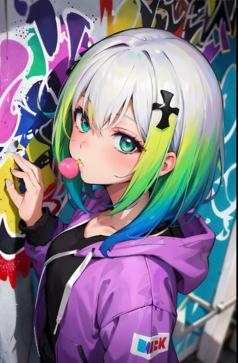 masterpiece, high quality, High resolution, disorganized, super detailed, 8K, 1 girl, platinum grey hair, Emerald green hair, colorful hair, gradient hair, looking at the viewer, colorful eyes, colorful hoodie, (graffiti mural wall background:1.15), vivid ...