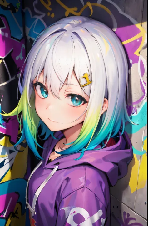 masterpiece, high quality, High resolution, disorganized, super detailed, 8K, 1 girl, platinum grey hair, Emerald green hair, colorful hair, gradient hair, looking at the viewer, colorful eyes, colorful hoodie, (graffiti mural wall background:1.15), vivid ...