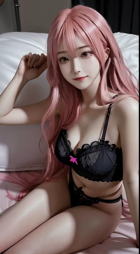 (Lying on a bed), (Anime girl with long pink hair), wearing a (black lingerie), female, , full body commission for anime, hyper realistic texture, realistic photo, ultra detailed, no drawing edges, (Smiling), 👀light scenery, (petals around the Girl) ultra ...