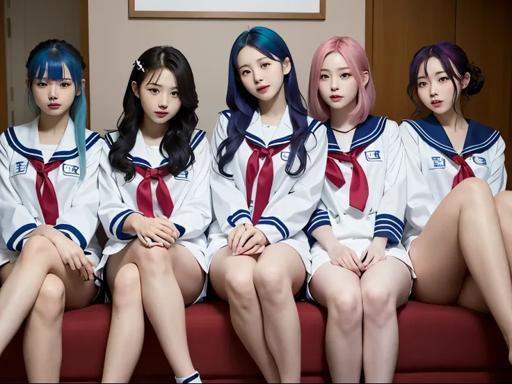 Five wearing JK sailor suits，A girl with a hot body，they sit together，Everyone has different colored hair，ultra high resolution