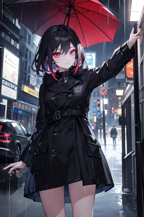 1girl, with vibrant makeup, in a night city covered in heavy rain, wearing an elegant black coat, looking up with a confident expression.