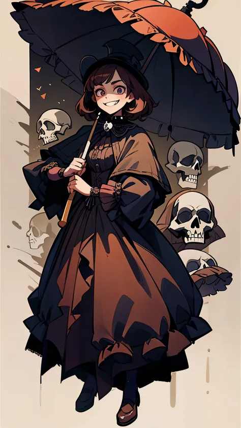 Young woman, brown hair, victorian black dress, umbrella, skull collar, necromancer, devil grin, victorian hat