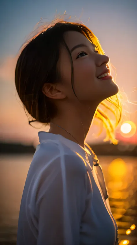 masterpiece, best quality, movie still, 1girl, cloud girl, floating in the sky, close-up, bright, happy, warm soft lighting, sunset, (sparks:0.7)