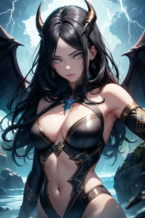 (best quality, masterpiece:1.2), (4k, 8k, highres), ultra-detailed, (anime style:1.2),
BREAK,
Lotan stunningly beautiful Caucasian woman with straight very long black hair, (blue eyes), dragon horns on the head, dragon wings, voluptuous,
BREAK,
green and b...