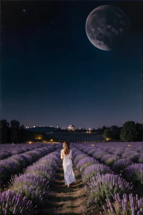 A moonlit twilight over a lavender field, the flowers dancing with the night wind, while a lonely soul is lost in serenity, the colors of the sky mixing in a celestial embrace, Pintura, acrylic on canvas, soft, ethereal brushstrokes,