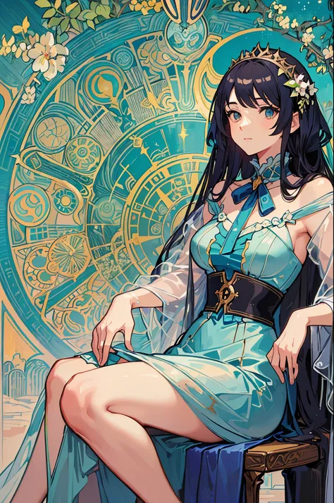 a painting of a woman sitting on a chair with flowers, anime art nouveau, alphonse mucha and rossdraws, alphonse mucha style, korean art nouveau anime, flat shading mucha, in style of alphonse mucha, demura and alphonse mucha, anime art nouveau cosmic disp...