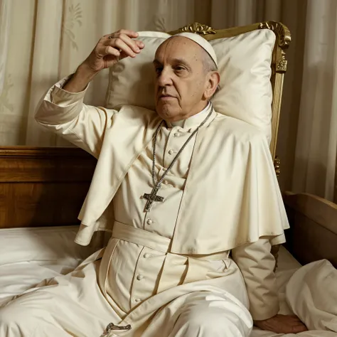 very old and wise popefra pope francis dying in a bed in an hospital room. (old pope). drip inserted into arm, black shadows aro...