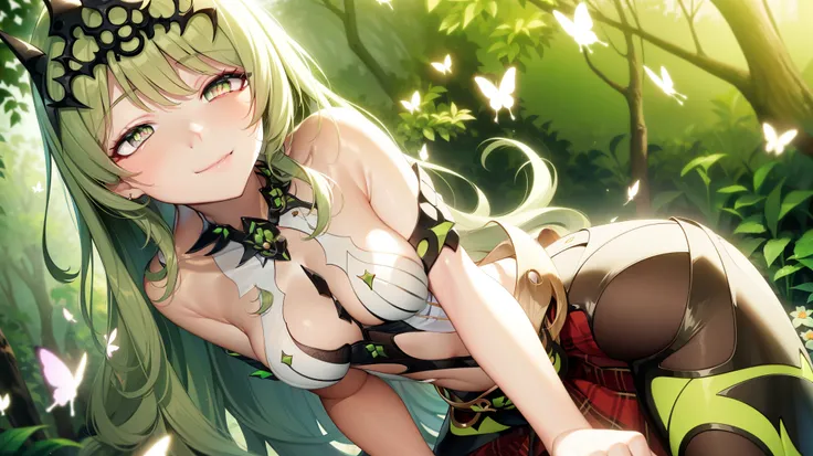 1 girl，Best quality, tmasterpiece, Long green hair, beautiful,detailed eyes, HD, super cute girl, super cute hairstyle, extremely detailed, Visually inspect the audience, The face is slightly red，is shy，adolable， small breasts cleavage, skirt, pleated skir...