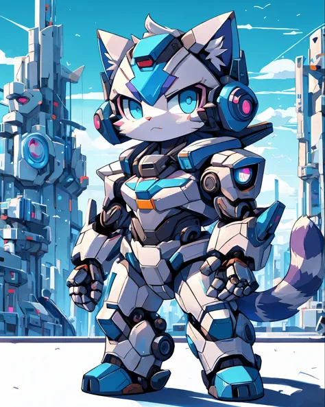 cat wearing futuristic mecha suit, chibi, standing, background neon city with light purple and blue, stunning style