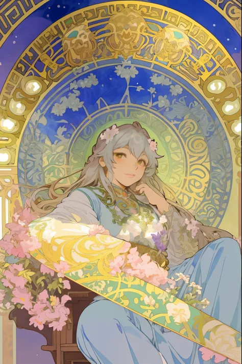 a painting of a woman sitting on a chair with flowers, anime art nouveau, alphonse mucha and rossdraws, alphonse mucha style, korean art nouveau anime, flat shading mucha, in style of alphonse mucha, demura and alphonse mucha, anime art nouveau cosmic disp...