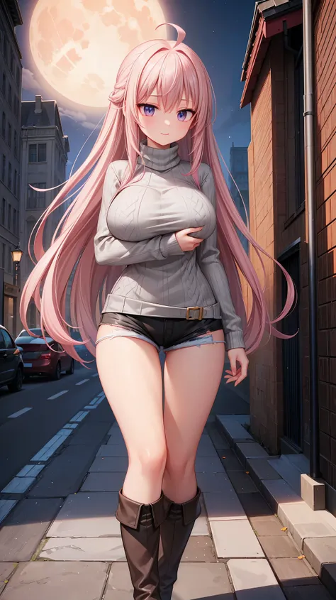 (masterpiece,best quality, detailed,hires:1.4),portrate,1girl,standing,16yo,(solo:1.4),winter city scape,street,(big moon,detailed full moon,night sky,fine sky),BREAK,super dericate hair,ahoge,pink hair,long hair,detailed face,beautiful detailed eyes,shini...