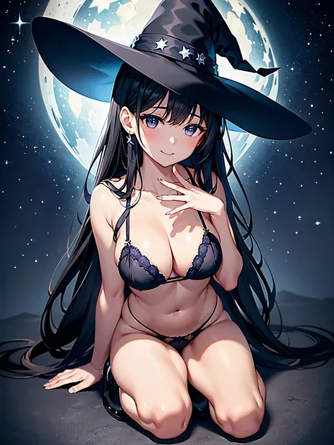 A girl smiling under the starry sky、Woman wearing a large black witch hat with sapphire accessories、She is wearing a white bra with a navy blue ribbon.、White string panties、black stockings、Black sneakers with white shoelaces、