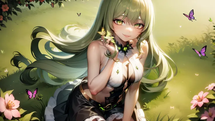 1 girl，Best quality, tmasterpiece, Long green hair, beautiful,detailed eyes, HD, super cute girl, super cute hairstyle, extremely detailed, Visually inspect the audience, The face is slightly red，is shy，adolable， small breasts cleavage, skirt, pleated skir...