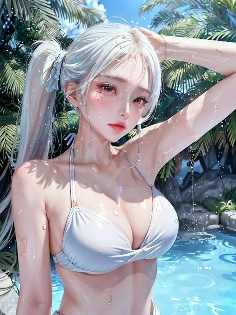 （​masterpiece，Highest Quality），((Swimsuit、dripping sweat、oil skin,sparkling skin、realistic skin texture、detailed beautiful skin、shiny skin、shiny white skin))，(A dark-haired，long twintail)，sleepy expression，Delicate body