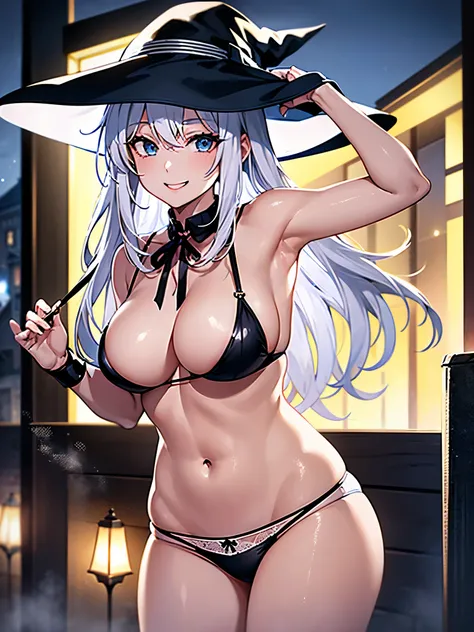 A smiling girl in an illuminated open-air bath at night、Woman wearing a large black witch hat with sapphire accessories、She is wearing a white bra with a ribbon、White string panties、white underwear、White sexy lingerie、Black sneakers with white shoelaces、