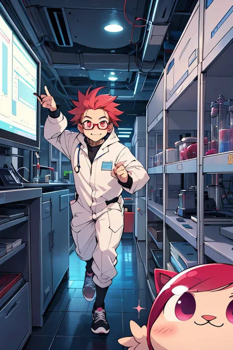 A cute pink skin space parasite escaping from the laboratory and chasing red-haired scientists with glasses, cartoon style, cute, cozy, fun, action, sci-fi