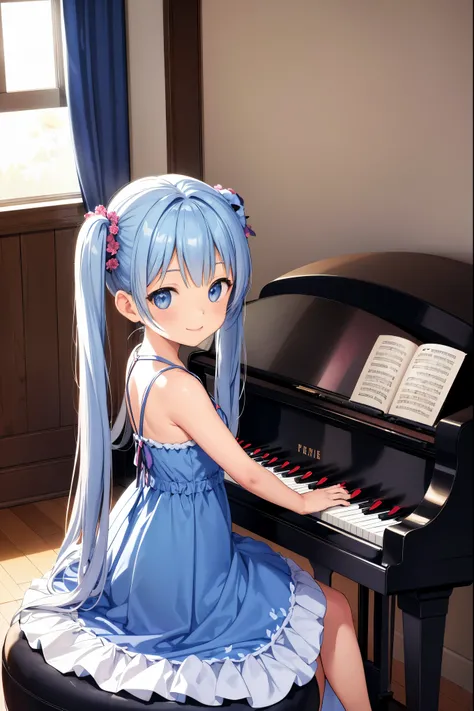 warm room　A room decorated with many flowers　A girl playing a grand piano by the window　light blue long hair、twin tails、adorable smile、looking at the camera、cute dress