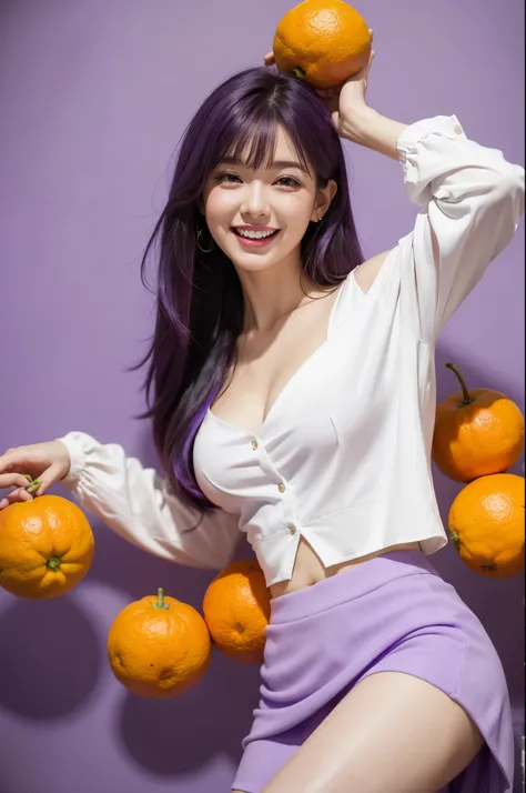 purple hair,  a girl laughing, open white blouse breasts exposed, Purple miniskirt, background full of oranges ,