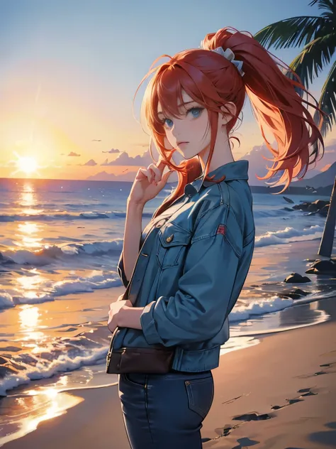 very colorful, pop feel, in.s. west coast, summer image, Palm tree, seaside, anime woman with orange ponytail, Around 25 years old, wearing a jacket, blue jeans, perfect tall model body, cool beauty, it will happen, Anime drawing by Yang J, Trending at Art...