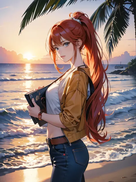 very colorful, pop feel, in.s. west coast, summer image, Palm tree, seaside, anime woman with orange ponytail, Around 25 years old, wearing a jacket, blue jeans, perfect tall model body, cool beauty, it will happen, Anime drawing by Yang J, Trending at Art...