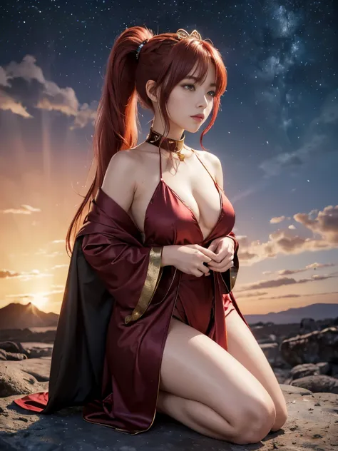 (masterpiece、8K、Super detailed、highest quality:1.5),((super cute)),best image quality,1 female,Two-dimensional beauty,(long hair,ponytail,scarlet colored hair,scarlet eyes:1.3),(active volcano crater,lava,Evening sky:1.3),(She wears a fantastic long garnet...