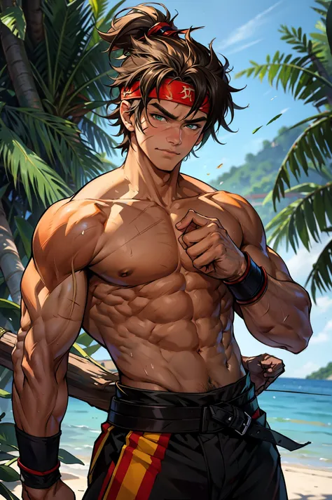 (Masterpiece, Best quality 16 year old boy,Shota), solo, Young, boy, Dark Short hair, full bodyesbian, Shirtless, babyface, topless, green headband, Vivid colors,(Depth of field:1.2),(Abs), view the viewer, black wristband, closed mouth, serious, topless m...