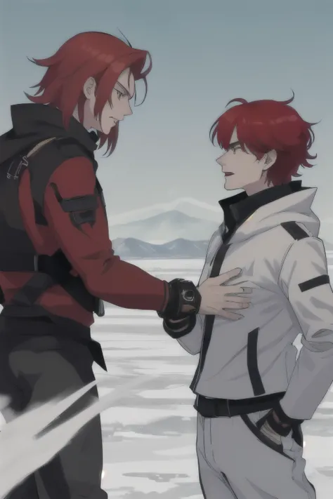 dois personagens masculinos, one with short white hair and the other with red hair pulled back in a desert facing each other with serious looks, where with a quick movement of hands, two characters shouting domain expansion create, two different plains, pa...