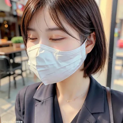 (highest quality、8k、16k、masterpiece、Realistic、Super detailed、Beautiful in every detail、ray tracing)、photograph、
at the cafe、
beautiful asian woman、japanese women、25 year old female model、whole body、((suit、profile、eyes closed))、(((I&#39;m wearing a mask on ...