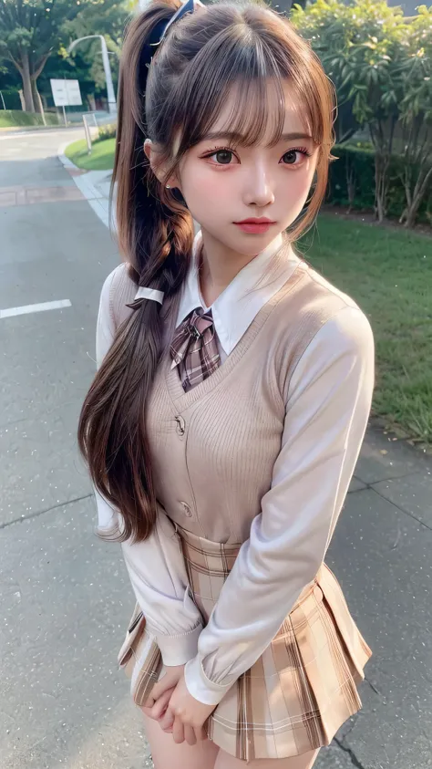 blush,16 years old,long hair ponytail,Hair is kept together,Japanese high school girls&#39; uniforms,Blouse with white collar,Brown plaid skirt,Wear a brown blazer,white knee socks,outdoor,In front of the school gate,chest is small,((8K, Raw photo, best qu...