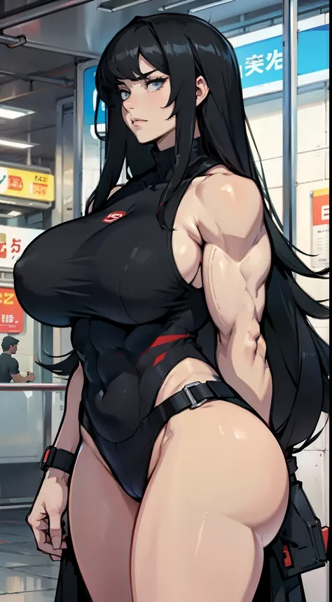 huge breasts huge muscles huge thighs solo girl black hair extremely long hair pale skin expressionless subway